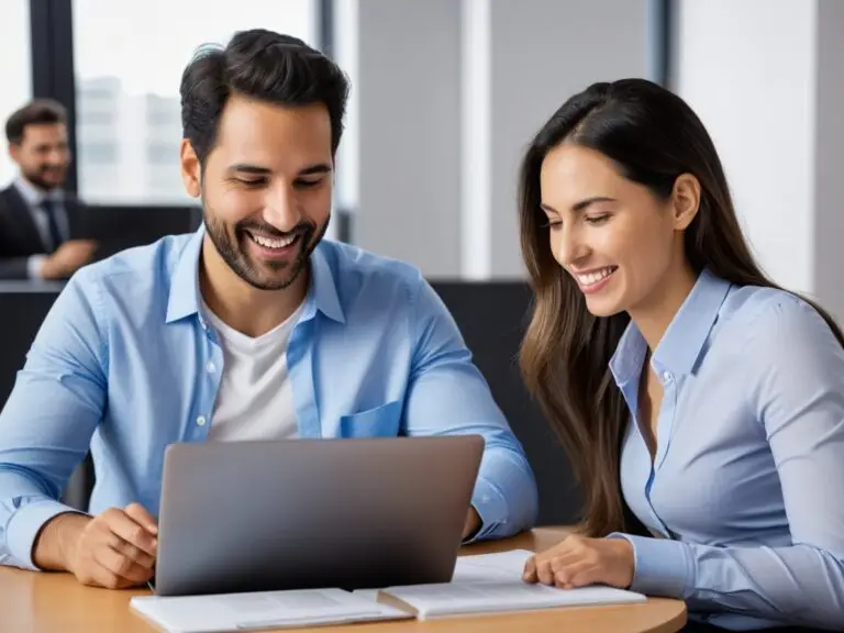 Ejecutivos en una reunión viendo una interfaz intuitiva de software, con una expresión de satisfacción-si